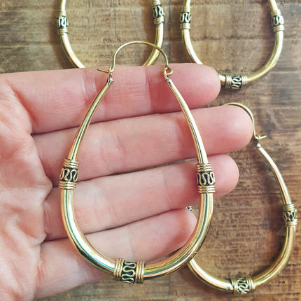 Bali Hoop Earrings / Brass Long / Tribal / Ethnic / Rustic / Bohemian / Gypsy / Spiral / Hippie / Chunky / Festival / style