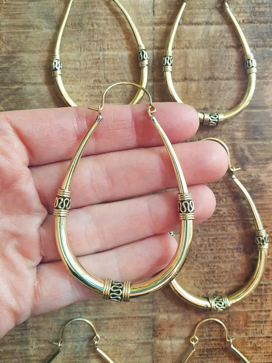 Bali Hoop Earrings / Brass Long / Tribal / Ethnic / Rustic / Bohemian / Gypsy / Spiral / Hippie / Chunky / Festival / style