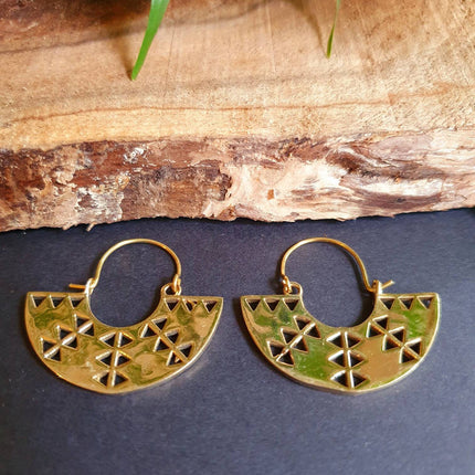 Aztec Inca Style Brass Earrings; Ethnic, Geometric, rustic, yoga, hippie, gypsy, pretty, psy, boho, bohemian, festival