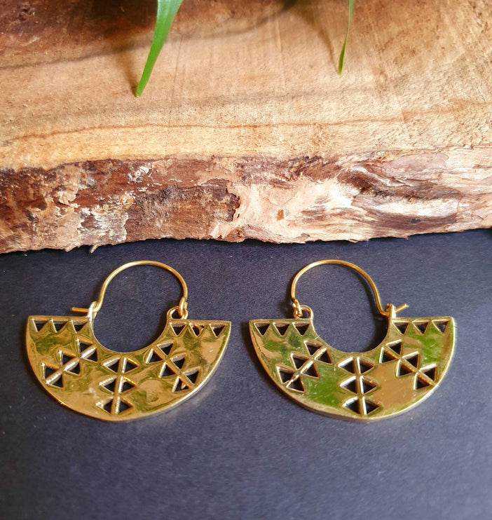 Aztec Inca Style Brass Earrings; Ethnic, Geometric, rustic, yoga, hippie, gypsy, pretty, psy, boho, bohemian, festival