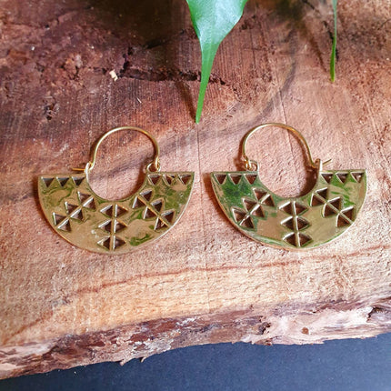 Mini Aztec Inca Style Brass Earrings; Ethnic, Geometric, rustic, yoga, hippie, gypsy, pretty, psy, boho, bohemian, festival