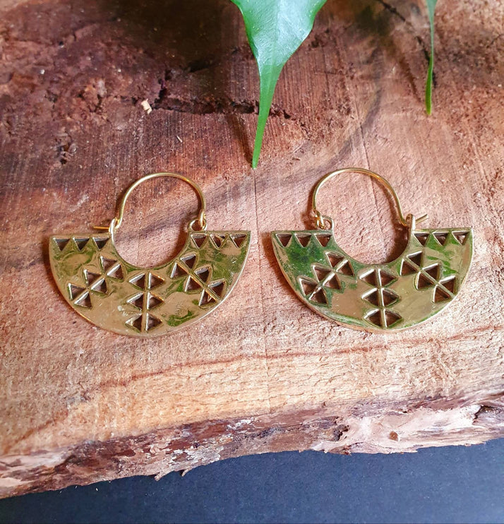 Mini Aztec Inca Style Brass Earrings; Ethnic, Geometric, rustic, yoga, hippie, gypsy, pretty, psy, boho, bohemian, festival