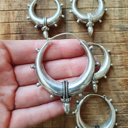 Tribal Chunky Silver Hoops; Ethnic / Boho / Unisex / Mens / Rustic / Psy / Gypsy / Spiral / Hippie / Bohemian / Festival / style