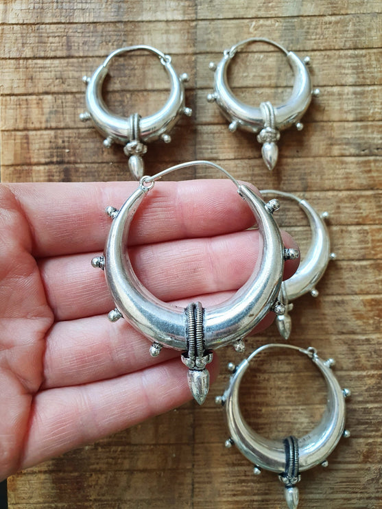 Tribal Chunky Silver Hoops; Ethnic / Boho / Unisex / Mens / Rustic / Psy / Gypsy / Spiral / Hippie / Bohemian / Festival / style