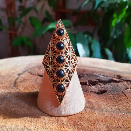 Brass Geometric Diamond Shape Ring / Black Onyx / Large /Boho / Ethnic / Rustic / Tribal / Gypsy / Festival / Indian / Healing / Festival