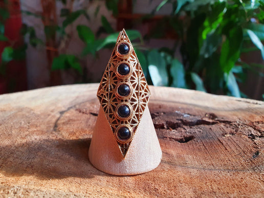 Brass Geometric Diamond Shape Ring / Black Onyx / Large /Boho / Ethnic / Rustic / Tribal / Gypsy / Festival / Indian / Healing / Festival