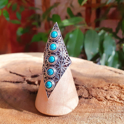 Silver Geometric Diamond Shape Ring / Turquoise / Large /Boho / Ethnic / Rustic / Tribal / Gypsy / Festival / Indian / Healing / Festival