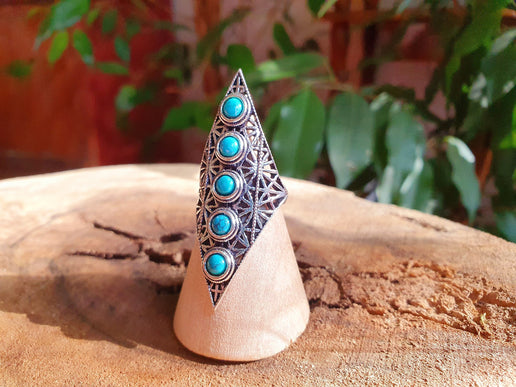 Silver Geometric Diamond Shape Ring / Turquoise / Large /Boho / Ethnic / Rustic / Tribal / Gypsy / Festival / Indian / Healing / Festival