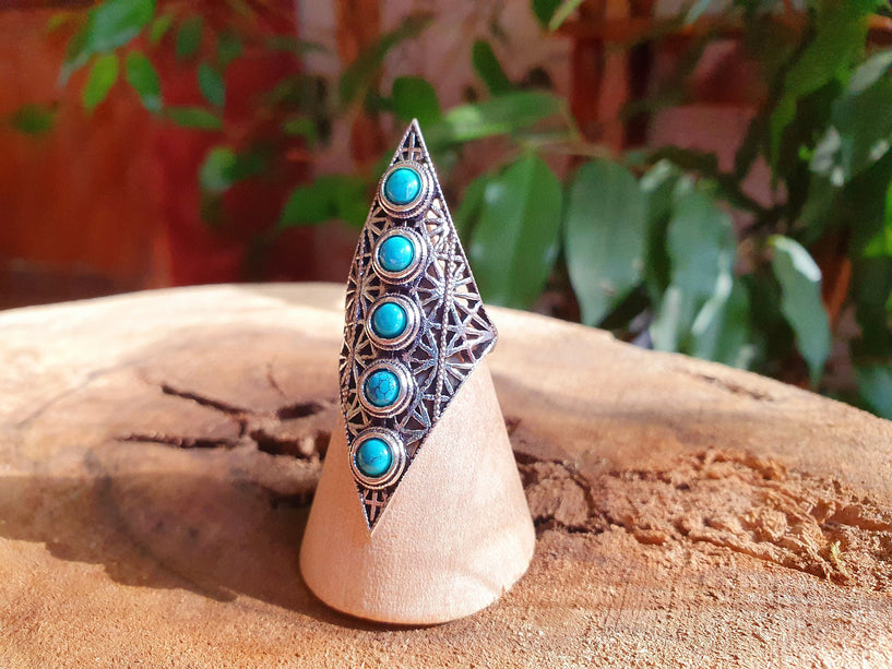 Silver Geometric Diamond Shape Ring / Turquoise / Large /Boho / Ethnic / Rustic / Tribal / Gypsy / Festival / Indian / Healing / Festival