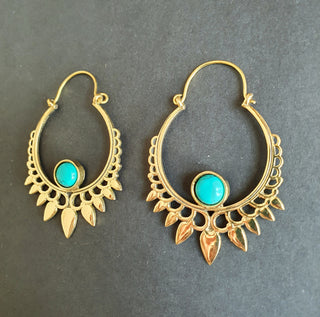 Turquoise & Brass Spiky Hoop Earrings Ethnic, rustic, yoga, hippie, gypsy, pretty, psy, boho, bohemian, festival