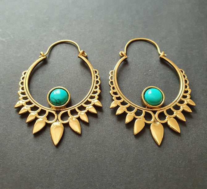 Turquoise Créoles Boucles D'oreilles en Laiton, Ethnique Bohème Yoga Boho Rustique Chic Gypsy Spiral Hippie Tribal Bohemian