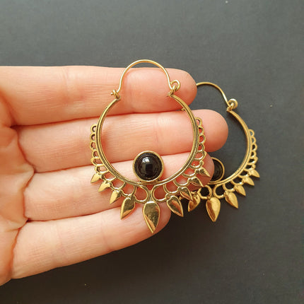 Black Onyx & Brass Spiky Hoop Earrings Ethnic, rustic, yoga, hippie, gypsy, pretty, psy, boho, bohemian, festival