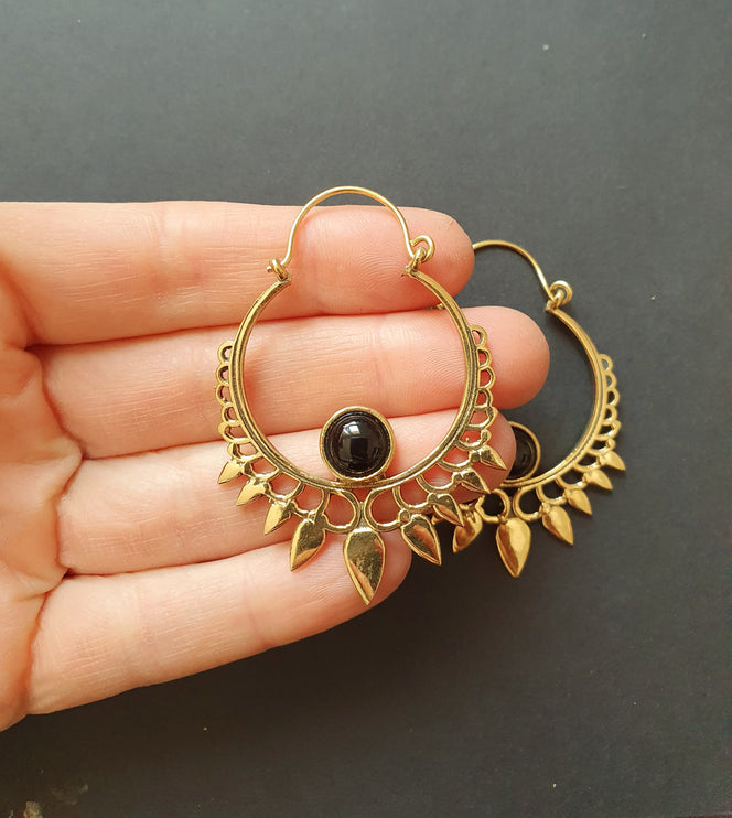 Black Onyx & Brass Spiky Hoop Earrings Ethnic, rustic, yoga, hippie, gypsy, pretty, psy, boho, bohemian, festival