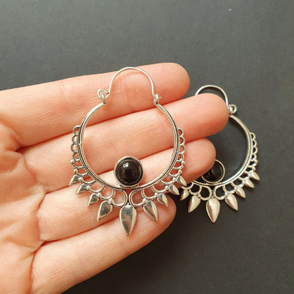 Black Onyx & Silver Spiky Hoop Earrings Ethnic, rustic, yoga, hippie, gypsy, pretty, psy, boho, bohemian, festival