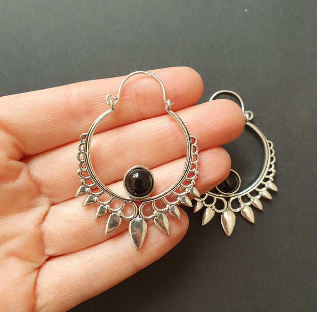 Black Onyx & Silver Spiky Hoop Earrings Ethnic, rustic, yoga, hippie, gypsy, pretty, psy, boho, bohemian, festival