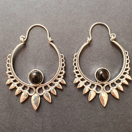 Black Onyx & Silver Spiky Hoop Earrings Ethnic, rustic, yoga, hippie, gypsy, pretty, psy, boho, bohemian, festival