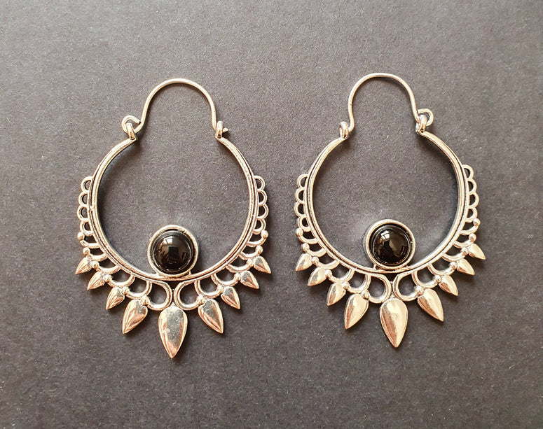 Black Onyx & Silver Spiky Hoop Earrings Ethnic, rustic, yoga, hippie, gypsy, pretty, psy, boho, bohemian, festival