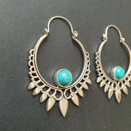 Turquoise & Silver Spiky Hoop Earrings Ethnic, rustic, yoga, hippie, gypsy, pretty, psy, boho, bohemian, festival