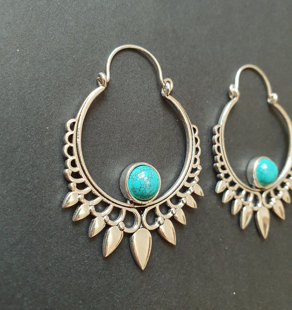 Turquoise & Silver Spiky Hoop Earrings Ethnic, rustic, yoga, hippie, gypsy, pretty, psy, boho, bohemian, festival