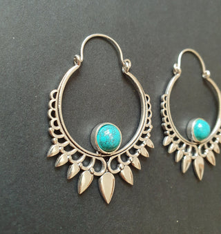 Turquoise & Silver Spiky Hoop Earrings Ethnic, rustic, yoga, hippie, gypsy, pretty, psy, boho, bohemian, festival