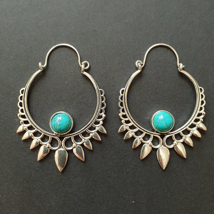 Turquoise & Silver Spiky Hoop Earrings Ethnic, rustic, yoga, hippie, gypsy, pretty, psy, boho, bohemian, festival