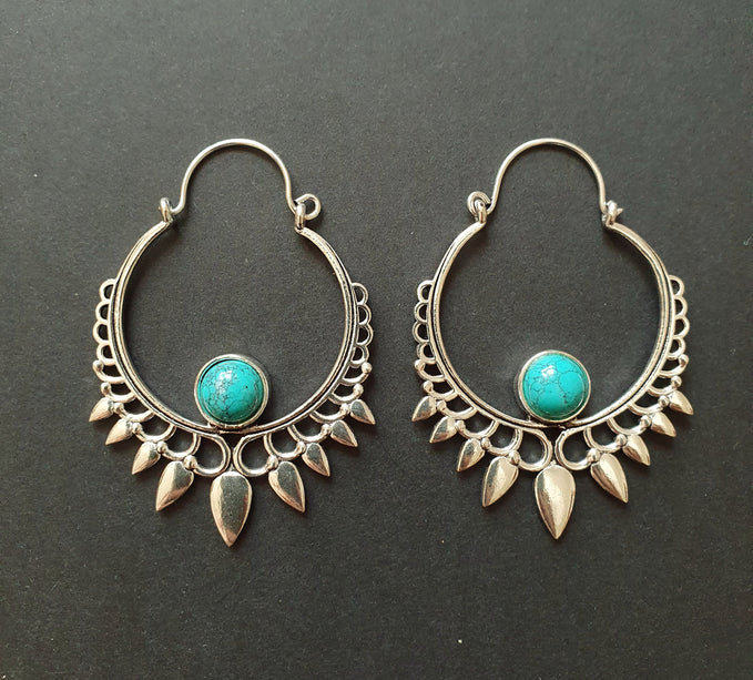 Turquoise & Silver Spiky Hoop Earrings Ethnic, rustic, yoga, hippie, gypsy, pretty, psy, boho, bohemian, festival