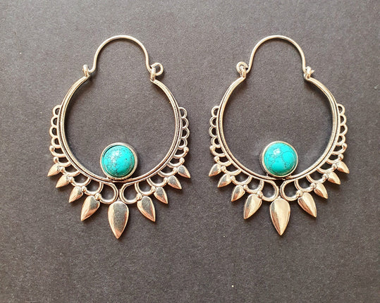 Turquoise & Silver Spiky Hoop Earrings Ethnic, rustic, yoga, hippie, gypsy, pretty, psy, boho, bohemian, festival