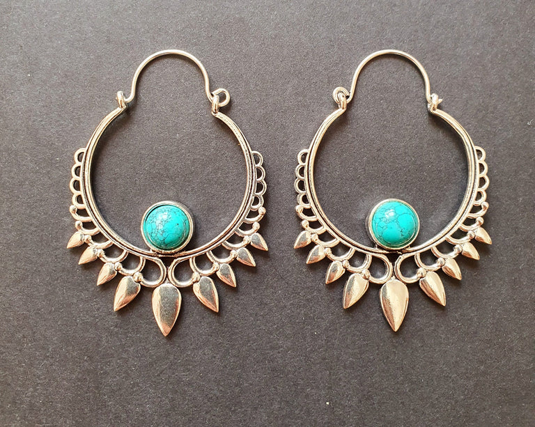 Turquoise & Silver Spiky Hoop Earrings Ethnic, rustic, yoga, hippie, gypsy, pretty, psy, boho, bohemian, festival