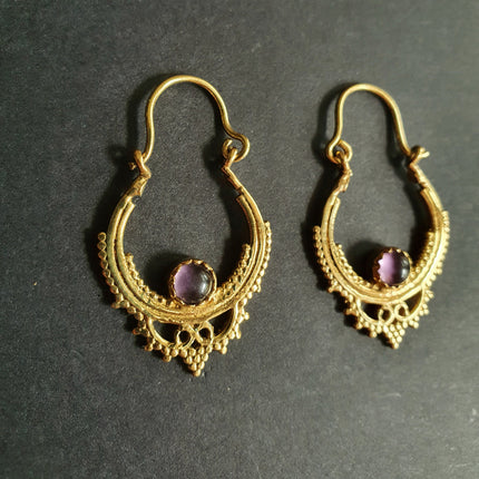 Small Boho Hoops Amethyst Brass Earrings / Triangle / Mandala / Ethnic / Rustic / Yoga / Hippie / Gypsy / Psy / Bohemian / Festival