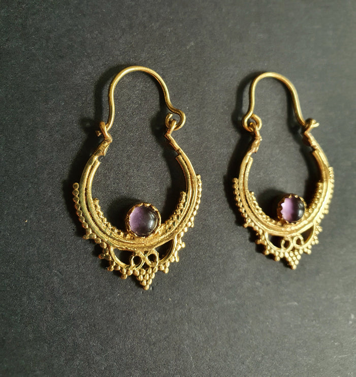 Small Boho Hoops Amethyst Brass Earrings / Triangle / Mandala / Ethnic / Rustic / Yoga / Hippie / Gypsy / Psy / Bohemian / Festival