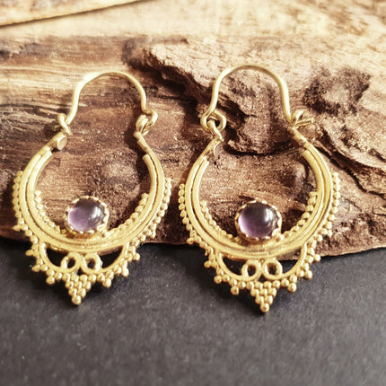 Small Boho Hoops Amethyst Brass Earrings / Triangle / Mandala / Ethnic / Rustic / Yoga / Hippie / Gypsy / Psy / Bohemian / Festival