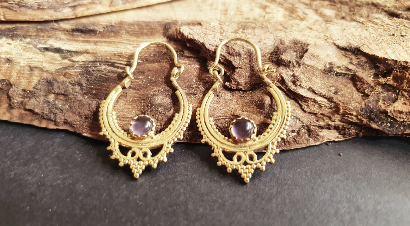 Small Boho Hoops Amethyst Brass Earrings / Triangle / Mandala / Ethnic / Rustic / Yoga / Hippie / Gypsy / Psy / Bohemian / Festival