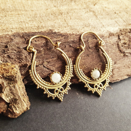 Mini Boho Hoops Moonstone Brass Earrings / Triangle / Mandala / Ethnic / Rustic / Yoga / Hippie / Gypsy / Psy / Bohemian / Festival