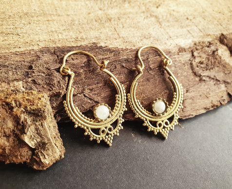 Mini Boho Hoops Moonstone Brass Earrings / Triangle / Mandala / Ethnic / Rustic / Yoga / Hippie / Gypsy / Psy / Bohemian / Festival