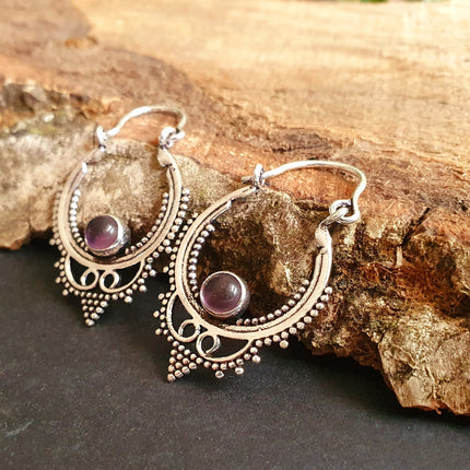 Mini Boho Hoops Amethyst Silver Earrings / Triangle / Mandala / Ethnic / Rustic / Yoga / Hippie / Gypsy / Psy / Bohemian / Festival