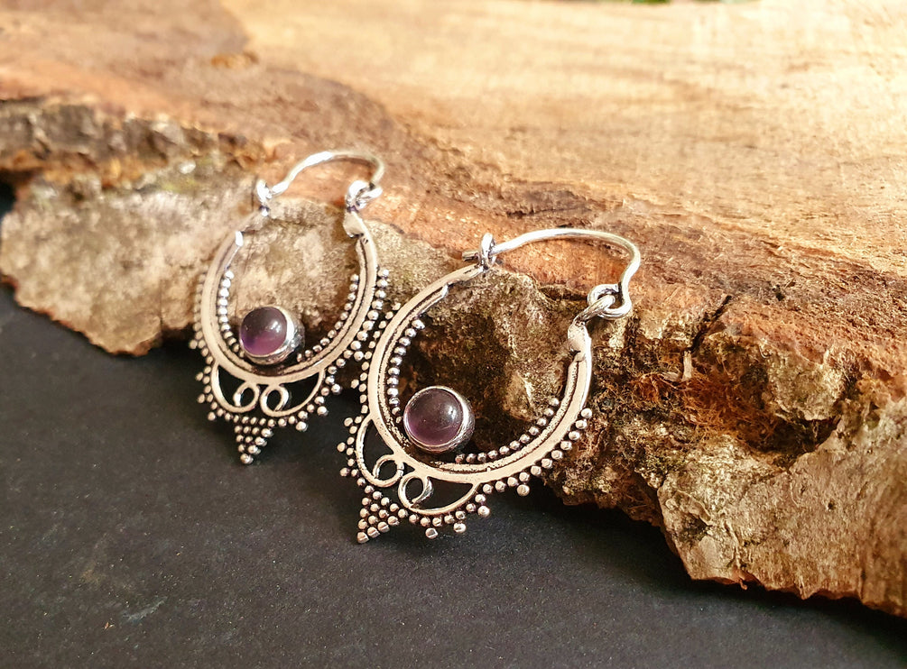 Mini Boho Hoops Amethyst Silver Earrings / Triangle / Mandala / Ethnic / Rustic / Yoga / Hippie / Gypsy / Psy / Bohemian / Festival