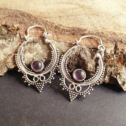 Mini Boho Hoops Amethyst Silver Earrings / Triangle / Mandala / Ethnic / Rustic / Yoga / Hippie / Gypsy / Psy / Bohemian / Festival