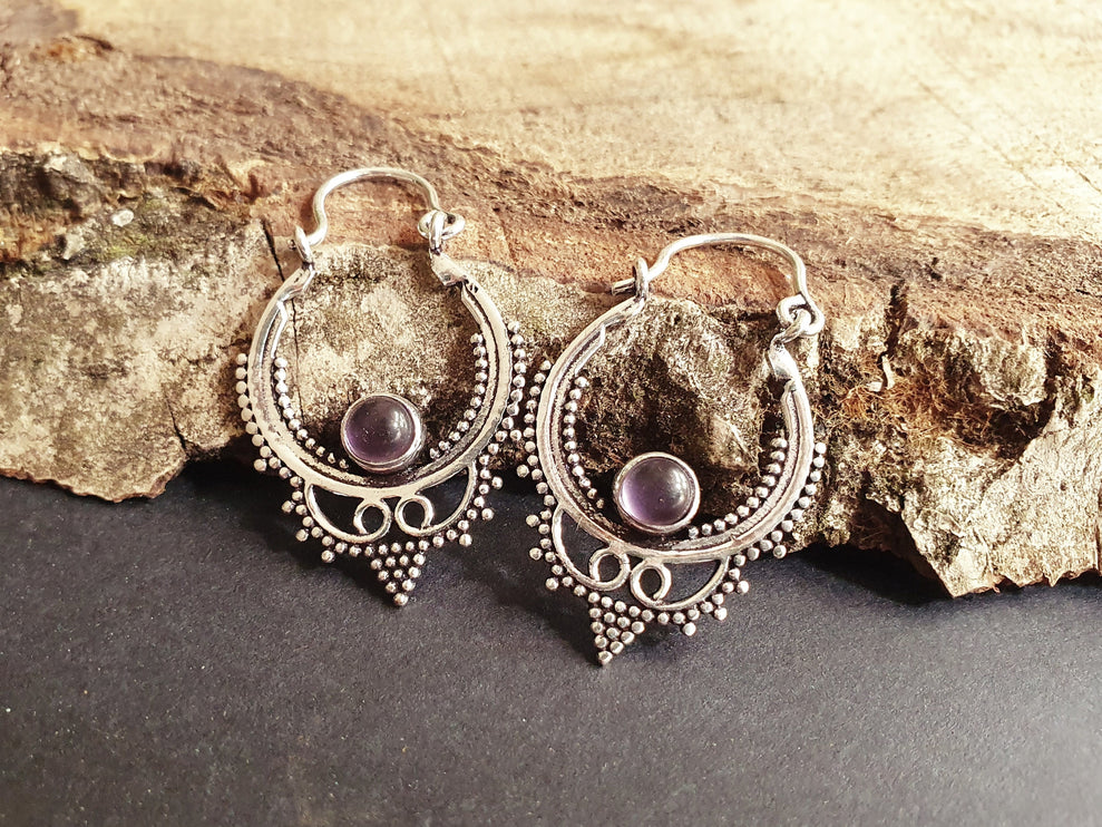 Mini Boho Hoops Amethyst Silver Earrings / Triangle / Mandala / Ethnic / Rustic / Yoga / Hippie / Gypsy / Psy / Bohemian / Festival