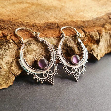 Mini Boho Hoops Amethyst Silver Earrings / Triangle / Mandala / Ethnic / Rustic / Yoga / Hippie / Gypsy / Psy / Bohemian / Festival