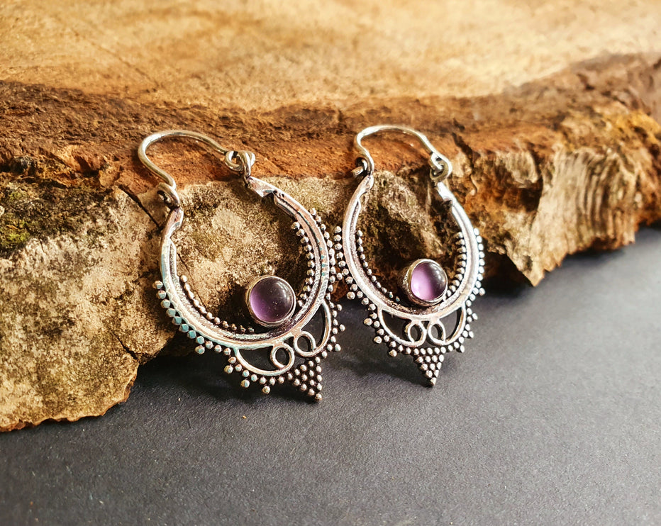 Mini Boho Hoops Amethyst Silver Earrings / Triangle / Mandala / Ethnic / Rustic / Yoga / Hippie / Gypsy / Psy / Bohemian / Festival