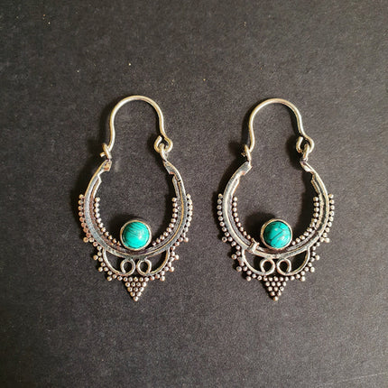 Mini Boho Hoops Turquoise Silver Earrings / Triangle / Mandala / Ethnic / Rustic / Yoga / Hippie / Gypsy / Psy / Bohemian / Festival