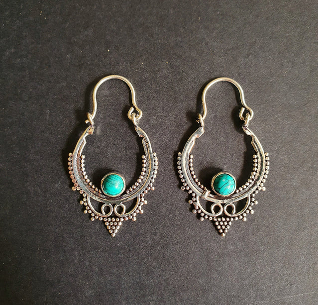 Mini Boho Hoops Turquoise Silver Earrings / Triangle / Mandala / Ethnic / Rustic / Yoga / Hippie / Gypsy / Psy / Bohemian / Festival