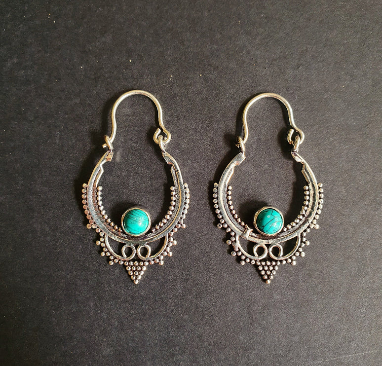 Mini Boho Hoops Turquoise Silver Earrings / Triangle / Mandala / Ethnic / Rustic / Yoga / Hippie / Gypsy / Psy / Bohemian / Festival