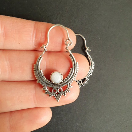 Mini Boho Hoops Moonstone Silver Earrings / Triangle / Mandala / Ethnic / Rustic / Yoga / Hippie / Gypsy / Psy / Bohemian / Festival