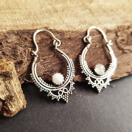 Mini Boho Hoops Moonstone Silver Earrings / Triangle / Mandala / Ethnic / Rustic / Yoga / Hippie / Gypsy / Psy / Bohemian / Festival