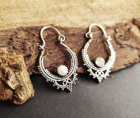 Mini Boho Hoops Moonstone Silver Earrings / Triangle / Mandala / Ethnic / Rustic / Yoga / Hippie / Gypsy / Psy / Bohemian / Festival