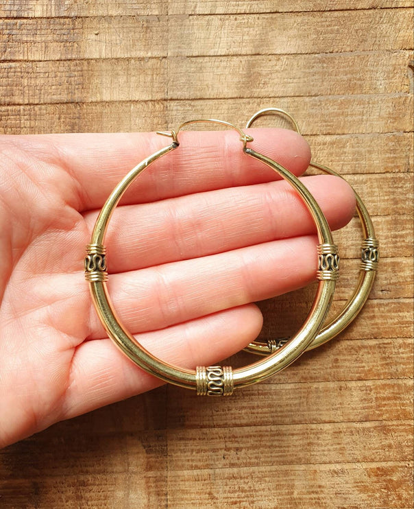 Brass Tribal Hoop Earrings / Ethnic / Rustic / Bohemian / Gold / Gypsy / Spiral / Hippie / Chunky / Festival / style