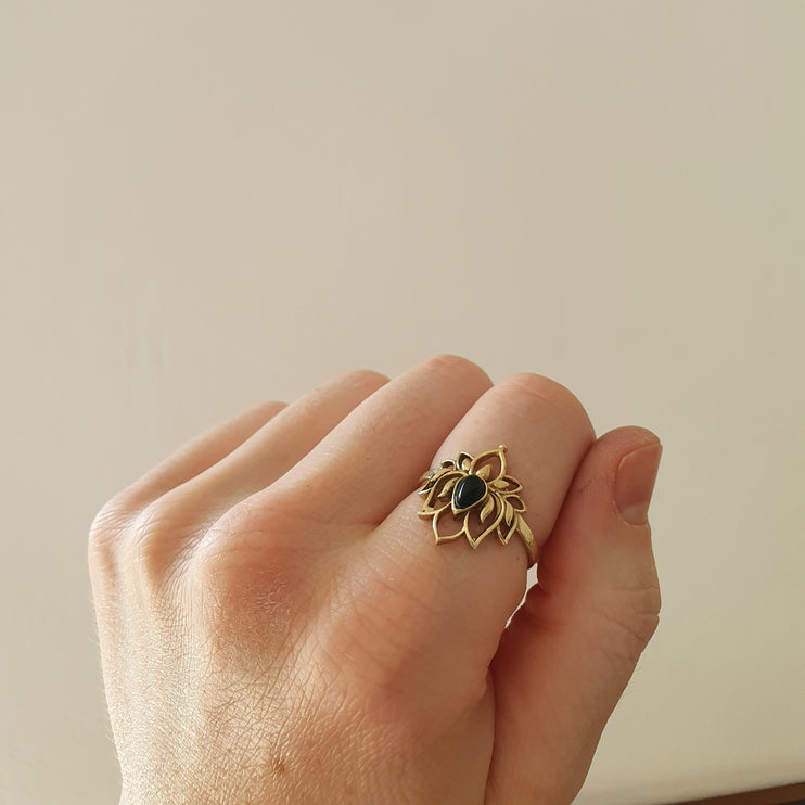 Moonstone Golden Lotus Flower Ring / Gold Flower / Boho / Ethnic / Rustic / Tribal / Gypsy / Festival / Indian / Healing / Festival