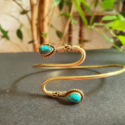 Spiral Boho Bracelet / Bangle / Turquoise / Brass / Arm Bracelet / Ethnic / Rustic / Bohemian / Hippie / Gypsy / Psy / Birthstone