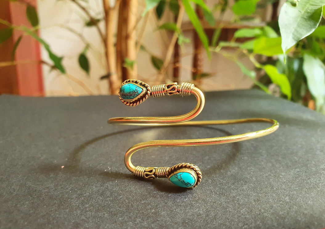 Spiral Boho Bracelet / Bangle / Turquoise / Brass / Arm Bracelet / Ethnic / Rustic / Bohemian / Hippie / Gypsy / Psy / Birthstone